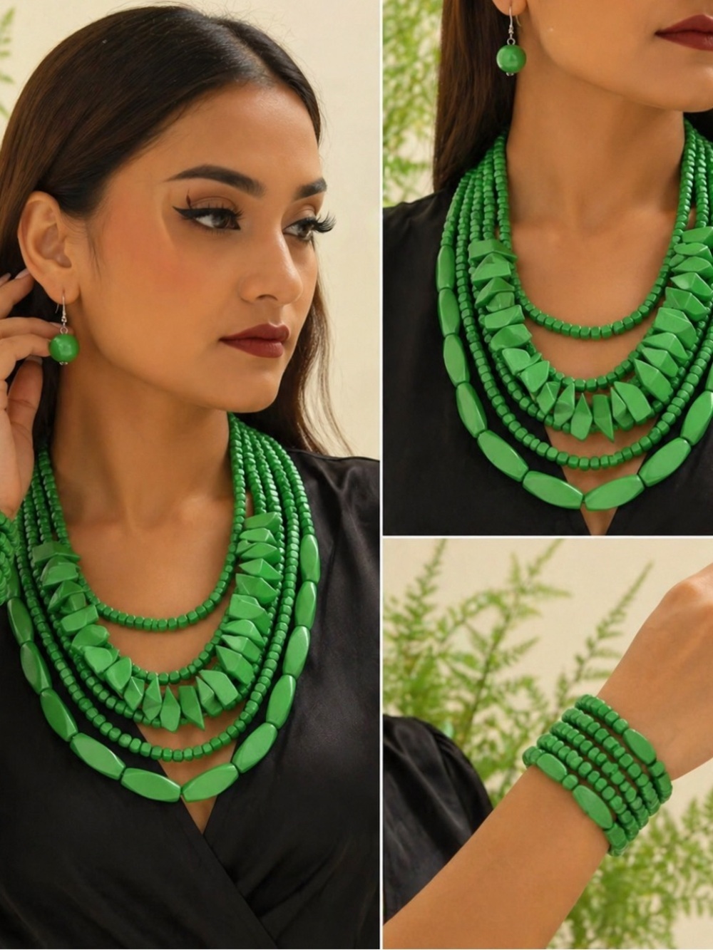 Green Layered Bead Necklace Set with Earrings and Bracelet